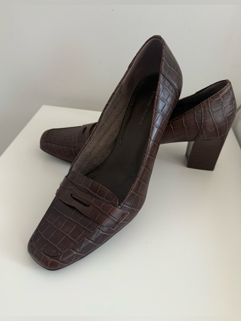 Etienne Aigner Chocolate Brown Croc-Embossed Block Heel Loafers